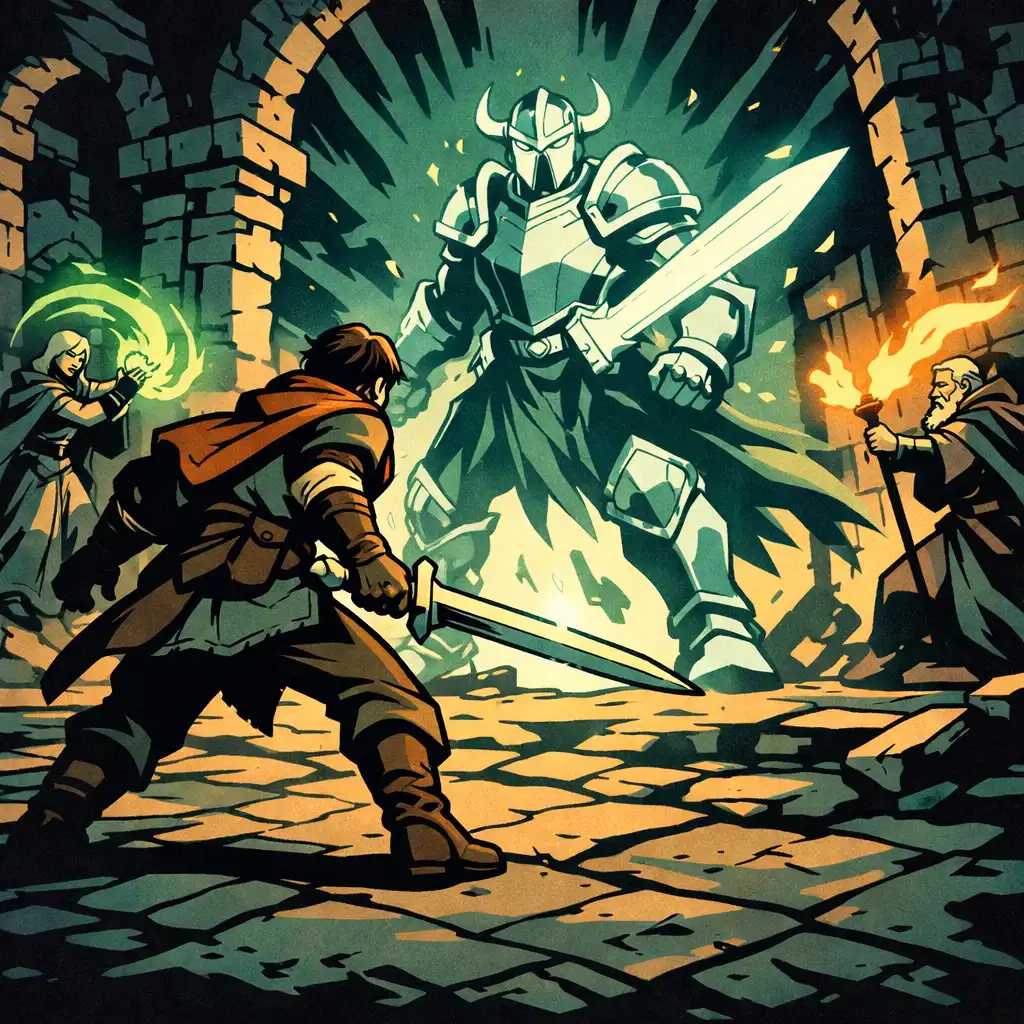 Ilustracja bohaterów RPG walczących w ruinach