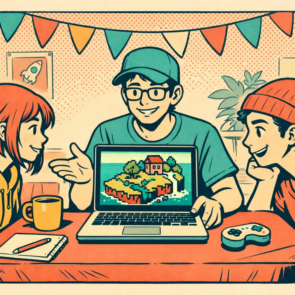 Twórca niezależnej gry prezentuje pikselowy świat na laptopie podczas kameralnego spotkania.