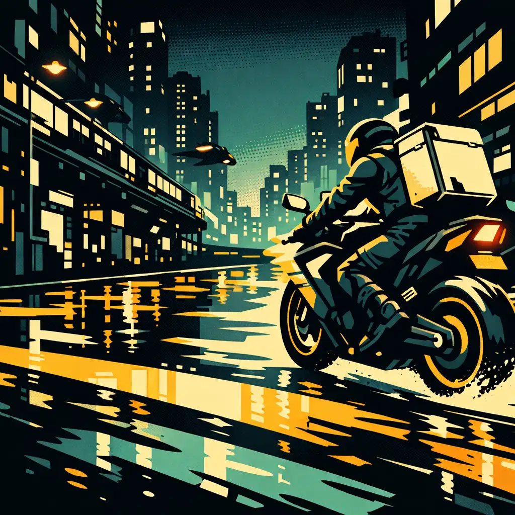 Kurier na futurystycznym motocyklu przecina mokrą ulicę miasta nocą.